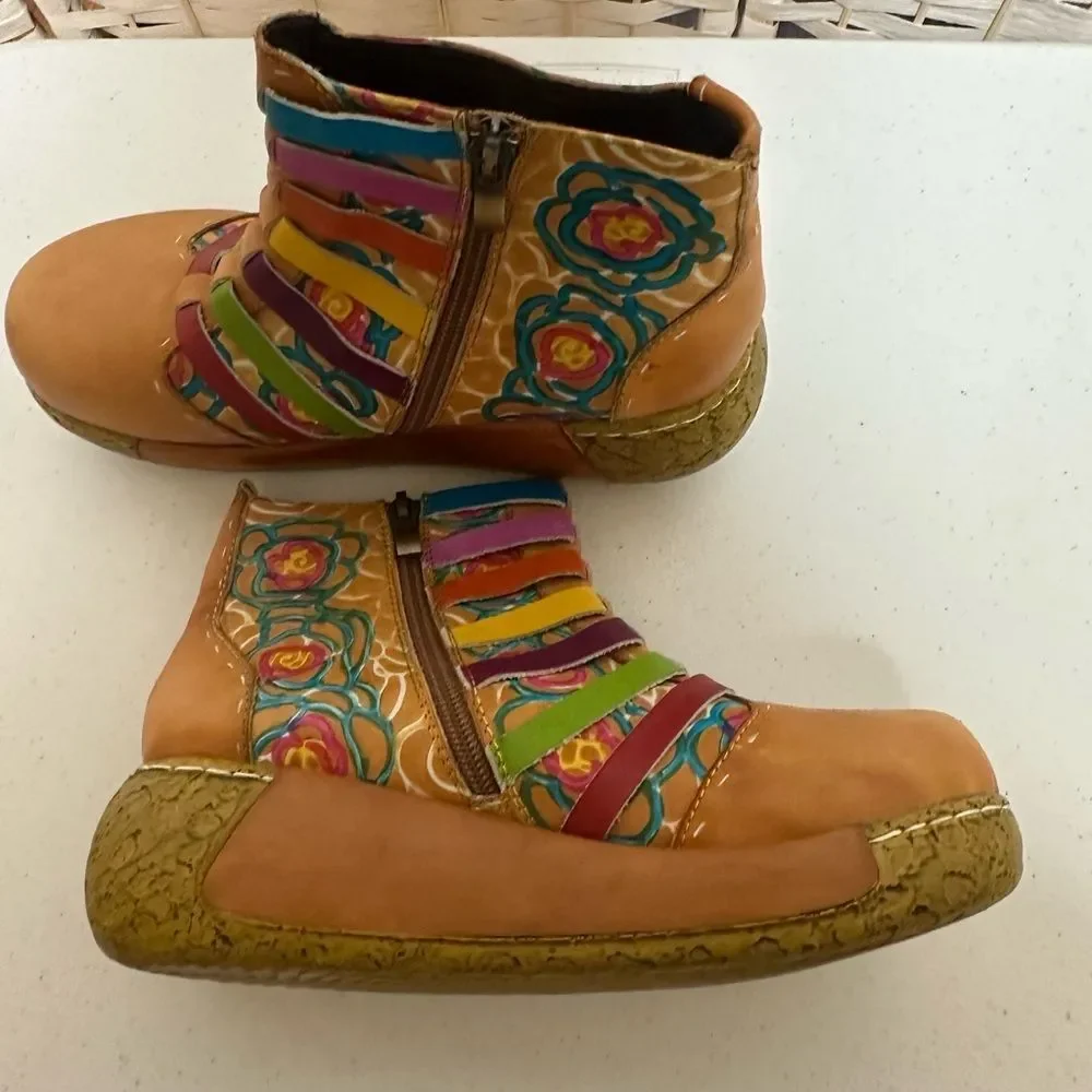 Socofy Ankle boots women’s sz 6.5eu 37 boho like new colorful cork look heel zip